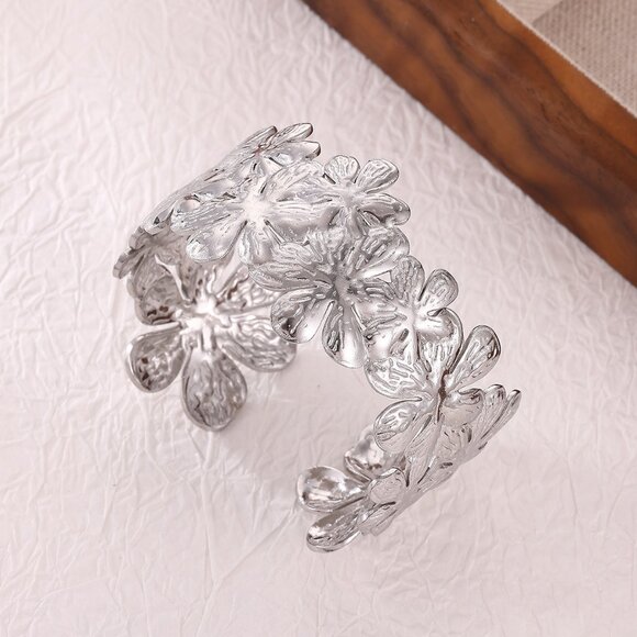 3/$35 Silver-Tone Floral Cuff Bracelet Daisy Flower Wide Open Bangle Girls Gift - Picture 7 of 7